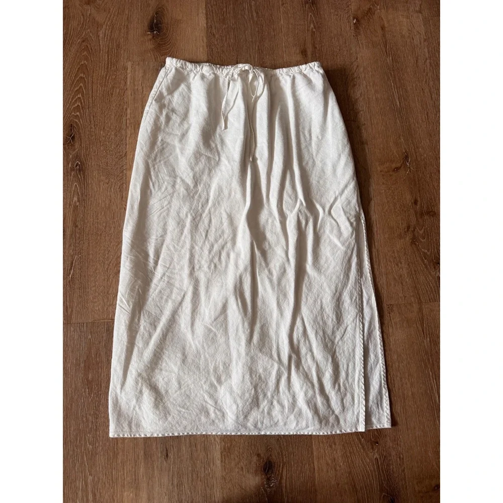 Gap White Linen Blend Drawstring Midi Skirt Side Slit Size S/P